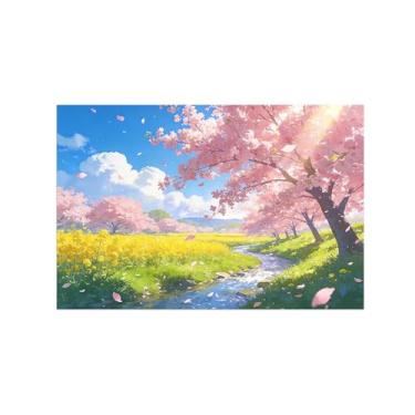 Imagem de BMZFYBS Impressão em tela de paisagem de arte de parede - flores de rio de árvore rosa - quadros de pintura de decoração para sala de estar quarto 70 x 105 cm 27 x 41 pol sem moldura