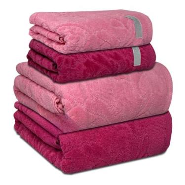 Imagem de Kit 4 Toalhas Banho e Rosto em Algodão Fio Penteado Macias Absorventes Conforto para Uso Diário e Decoração (Rosa Flamingo/Cereja)
