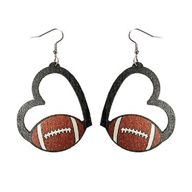 Imagem de Brincos de bola esportiva feitos à mão de beisebol futebol de madeira natural coração lágrima basquete voleibol impresso para mulheres meninas fãs de esportes amizade joias de festa amante, Madeira, madeira