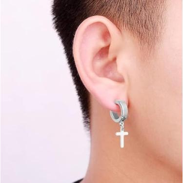 Imagem de Brincos de aço de titânio não perfurados com clipe de argola em cruz para homens e mulheres, 4*1.3cm, Titânio, Sem pedra preciosa