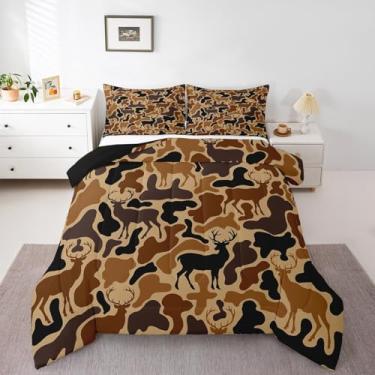 Imagem de Feelyou Conjunto de cama casal camuflado de cervo, caça, veado, para meninos e meninas, adolescentes, decoração de quarto, chifres, respirável, macia, casa de fazenda ocidental com 2 fronhas