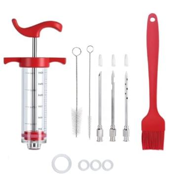 Imagem de Seringa injetora de carne, kit injetor de peru de plástico de 28 g com 3 agulhas de marinada e escovas para churrasco, defumar, carne bovina, porco, frango (vermelho)
