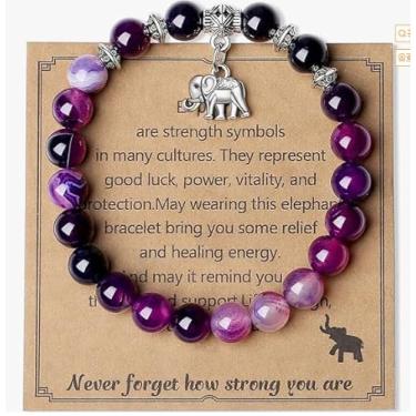 Imagem de Pulseira de elefante, presentes de elefante para mulheres, presentes motivacionais "Get Well Soon", pulseiras elásticas com pedras naturais e ansiedade, joias - roxo profundo