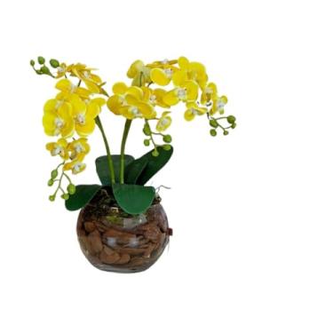 Imagem de Arranjo de Orquídea Artificial 3D 4 Hastes com Vaso de Vidro Transparente | Planta Decorativa Sala e Escritório(Amarelo)