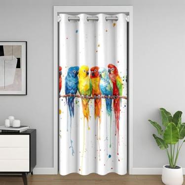 Imagem de Cortina de porta de papagaios coloridos, cortinas de privacidade de animais selvagens, arte tie dye aquarela, cortina de porta de quarto, pássaros tropicais para decoração de armário de cozinha, 1