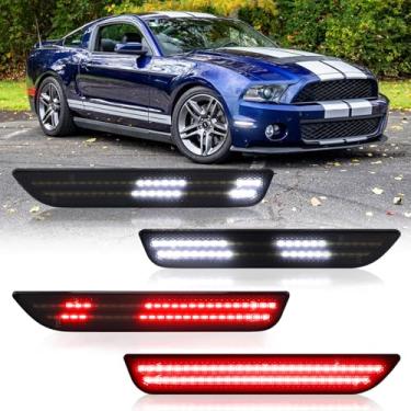 Imagem de CYBORICH Luzes de LED dinâmicas laterais para Ford Mustang 2010-2014 atualizado, varredura sequencial de 2 fileiras, luz branca frontal e vermelha para para-choque traseiro com lente fumê 4 peças