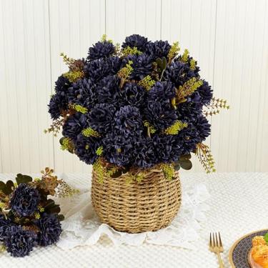 Imagem de XIANNVXI Flor azul marinho, crisântemo, bola artificial, 2 peças, 18 cabeças, flores falsas, buquê de crisântemos de seda azul escuro com arranjos de hastes para decoração de casa, decoração interna e