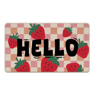 Imagem de Livcoz Hello Strawberry Welcome Tapete de porta da frente, tapete decorativo xadrez rosa fruta buffalo, antiderrapante, tapete de entrada, primavera, verão, perfil baixo, interior, exterior, decoração