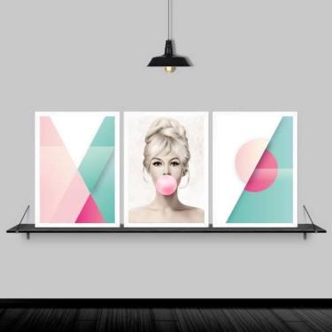 Imagem de Kit 3 Quadros Abstratos Brigitte Chiclete 33X24Cm Branca