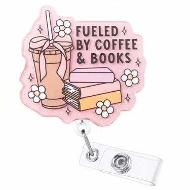 Imagem de Carretel de crachá divertido Pink Fueled by Coffee & Books, porta-crachá retrátil de trabalho com cordão de nylon durável de 61 cm, clipe de crachá de enfermagem para estudantes de enfermagem RN CNA