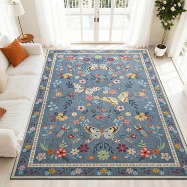 Imagem de FALARK Tapetes laváveis para sala de estar, tapete com estampa floral de borboleta, 10 x 15 cm, tapete antiderrapante para quarto, jantar, escritório, sala de jogos, decoração de casa, azul