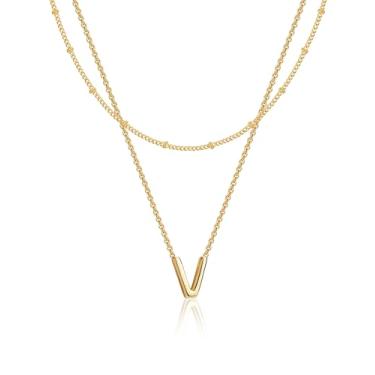 Imagem de Poxtex Colar gargantilha com inicial em camadas para mulheres, pingente de ouro 14 K, colar em camadas, 26 maiúsculas A-Z para mulheres e meninas joias presentes, Banhado a ouro, Sem Pedra Preciosa