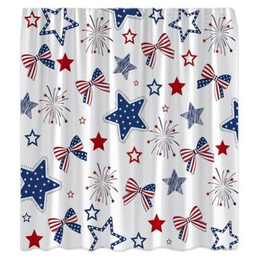 Imagem de XHUUXH Cortina de chuveiro de 4 de julho, bandeira americana, Dia da Independência, laço vermelho, azul, estrela, fogos de artifício, patriótico, decoração do Dia da Memorial, conjunto de cortinas de