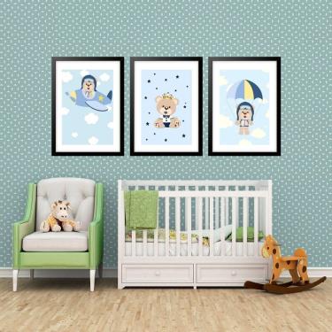 Imagem de Kit 3 Quadros Grandes Quarto Infantil Ursinho Piloto 60X48Cm