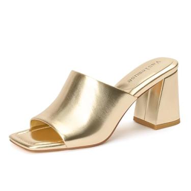 Imagem de Vaslemuse Salto Mule para mulheres, sandálias de salto grosso, bico aberto quadrado, casual, confortável, Dourado, 35