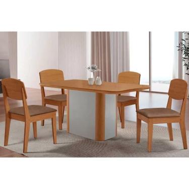 Imagem de Conjunto: Mesa Sala Jantar Pietá c/ Tampo Madeirado Canto Curvo 120x80cm e 4 Cadeiras Havana Naturale/Off White - Corano Capuccino - Rufato