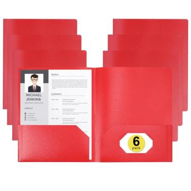 Imagem de Pacote com 6 pastas de plástico com bolsos pasta de arquivo pesada com etiquetas extras pasta de negócios escolar suprimentos de arquivamento de bolso vermelho para escritório em casa e escola
