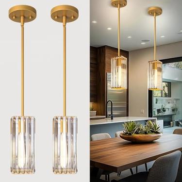 Imagem de GOOUQA Luzes pendentes de cristal para ilha da cozinha - lustre ajustável dourado de 25,4 cm, luminária suspensa E26 regulável, iluminação moderna para bar de jantar, 2 peças
