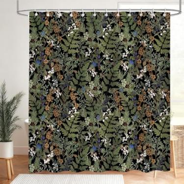 Imagem de Raelith Cortina de chuveiro botânica floral verde vintage, plantas naturais pretas flores silvestres escuras flores cottagecore arte maximalista decoração de banheiro conjuntos de cortina de chuveiro