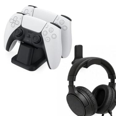 Imagem de Suporte Duplo Universal para Controle de Jogos, Base de Mesa Decorativa em Plástico, Gamer, Ps5, Ps4, Xbox, Pc, Notebook, Nintendo Switch, Joystick, Manete, Videogame, Console (Preto + Sup Headset)