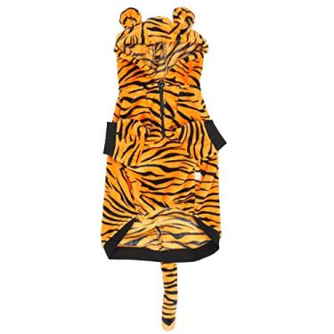 Imagem de Roupas quentes para cães com listras de tigre fofas camisa de inverno com capuz gola elástica proteção total algodão poliéster macio para cães médios e grandes atividades internas ao ar livre (8GG)