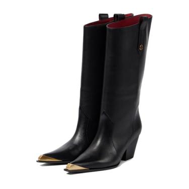 Imagem de THESHY Botas femininas ocidentais cano alto couro caubói grosso salto bloco bota bico fino puxar na moda vestido botas de festa para mulheres, Preto, 40