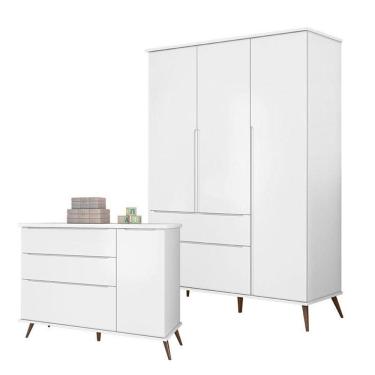 Imagem de Cômoda E Guarda Roupa Infantil Retro Alice Branco Acetinado - Phoenix Baby