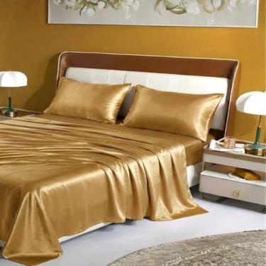 Imagem de Jogo de Lençol Cetim Casal King 4 Peças Lençol com Elástico e Fronhas 
