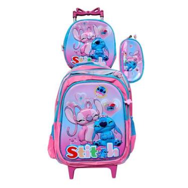 Imagem de Kit Mochila Infantil Stitch e Angel em 3D com Rodinhas + Lancheira Tér