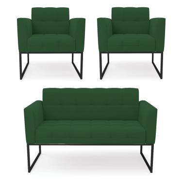 Imagem de Kit 1 Sofá Namoradeira e 2 Poltronas Elisa Veludo Verde Base Metálica Industrial Preto D03 - D'Rossi