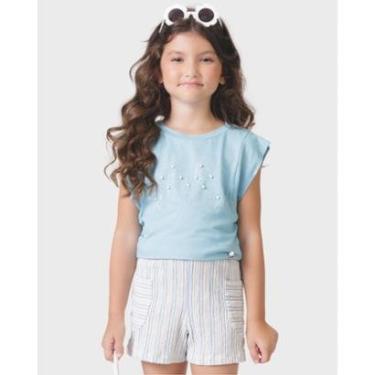 Imagem de Conjunto blusa pérola shorts verão charmoso leve fresquinho - Azul e Rosa - Menina 4 a 14 anos-Feminino