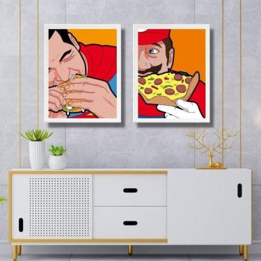 Imagem de Kit 2 Quadros Super Herois Comendo Lanches 45X34Cm
