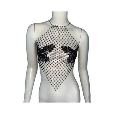 Imagem de Top Preto Com Renda E Diamantes Brilhantes, Roupa Feminina Sexy Para B