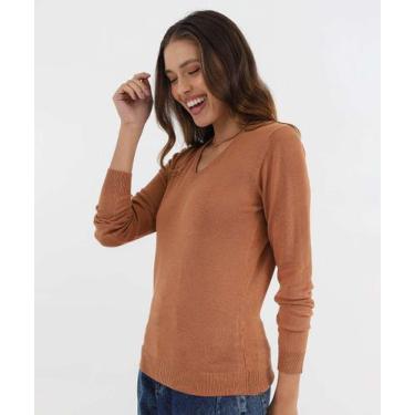 Imagem de Suéter Feminino Liso Gola V Marisa Marrom-49867, Marrom, M