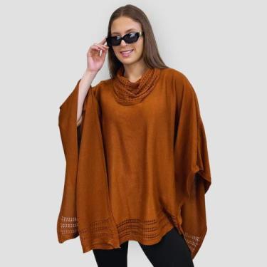 Imagem de Poncho Feminino Tricot Mousse Liso Gola Alta Casaco Inverno - GIP, Ter