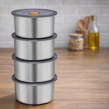 Imagem de Conjunto 4 Potes Herméticos Redondo Inox Organização Casa Cozinha Gela