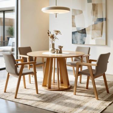 Imagem de Conjunto Sala de Jantar 4 Lugares Redonda com Prato Giratório Mesa e Cadeira Flora Cinamomo/Off White/Bege