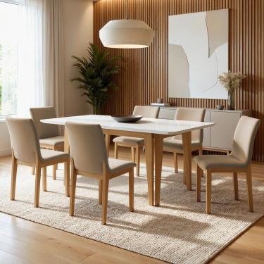 Imagem de Conjunto Sala de Jantar 6 Lugares Retangular Tampo Vidro Base Madeira Maciça Mesa e Cadeiras Bella Cinamomo/Off White/Bege