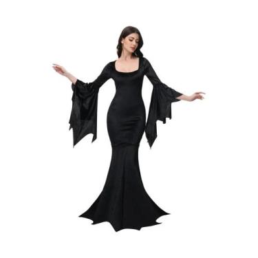 Imagem de Vestido Retro Gótico Morticia Adams Para Halloween, Preto, Com Mangas 