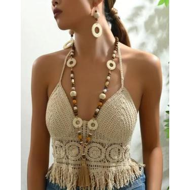Imagem de Kit Colar Longo e Brinco Contas de Madeira Vintage Boho Chic - Genéric