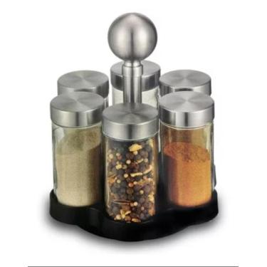 Imagem de Porta Temperos Cozinha Com 6 Potes Aço Inox Base Giratoria Cor Transpa