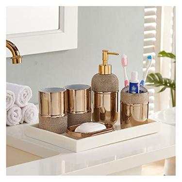 Imagem de Dispenser de sabonete para banheiro Conjunto de acessórios de banheiro dourado de 6 peças Conjunto de acessórios de banho de resina Dispensador de sabonete completo Suportes de escova de dentes Copo Saboneteira e Bandeja de cerâmica Dispenser de sabonete líquido para as mãos