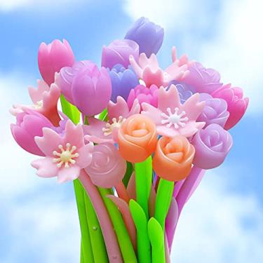 Imagem de 18 peças de canetas de flor que mudam de cor, canetas esferográficas tulipa de flor de cerejeira, canetas esferográficas de tinta gel rosa para escola, casa, escritório, crianças, presentes (preto)