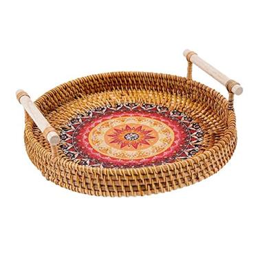 Imagem de Bandeja de armazenamento tecida à mão com prato de comida bandeja de bolo de frutas bandeja de jantar, vermelho, M