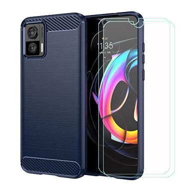 Imagem de FZYM Capa para Motorola Edge 30 Neo + [Pacote com 2] Película protetora de vidro temperado, capa de fibra de carbono azul capa de silicone macio TPU para Motorola Edge 30 Neo (6,3 polegadas)