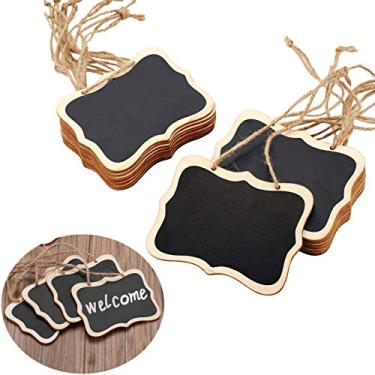 Imagem de MAZYPO Pacote com 16 etiquetas de quadro-negro para pendurar, etiquetas de quadro-negro de dupla face etiquetas de madeira mini placas de massagem, etiquetas de preço de quadro pendurado para etiquetas de mensagem, etiquetas de alimentos, etiquetas de pendurar de casamento