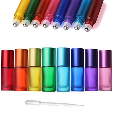 Imagem de Bola de rolo de vidro colorida fosca ConStore 8 peças 5 ml para óleos essenciais, frascos de rolo de massagem recarregáveis com recipiente vazio de esfera de aço inoxidável para aromaterapia + 1 conta-gotas
