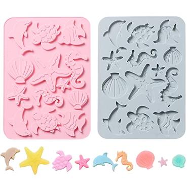 Imagem de Molde para fondant de silicone com tema marítimo, pacote com 2, conchas do oceano, estrela-do-mar, coral, cavalo-marinho, tartaruga, golfinho sob o mar, molde de sabonete, ferramentas de assar para biscoitos, chocolate, bolos