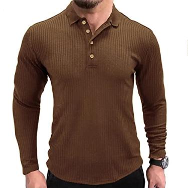 Imagem de NJNJGO Camiseta polo masculina com nervuras e stretch slim fit manga comprida para treino, Caqui, GG