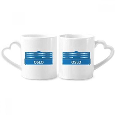 Imagem de Oslo Norway Conjunto de canecas de porcelana para casais, padrão de marco, azul, coração